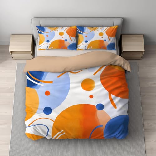 Weiche Winterbettwäsche Set 3tlg 155 x 220 cm + 2 * 80 x 80 cm – Atmungsaktiv, Warm & Hautfreundlich Bettwäsche Karamell Orange – Abstrakt Geometrisch Linien Punkte Bettbezug für Kinder Erwachsene