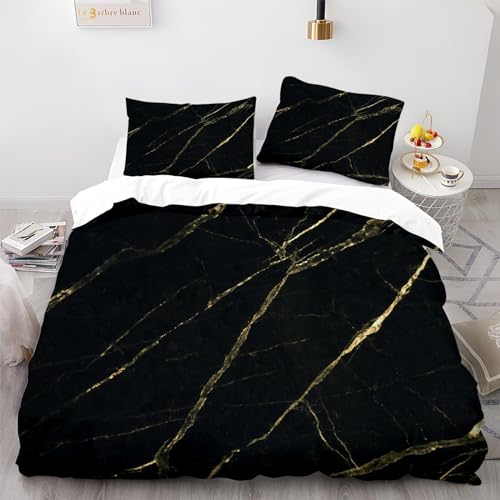 Srigzcaly Marmorstil Bettwäsche 135x200cm 3teilig Bettbezug - Bettwäsche-Sets mit 2 Kissenbezug 80x80 cm, Bettbezug Schwarzes Gold für Einzelbett mit Reißverschluss Weich Bügelfrei