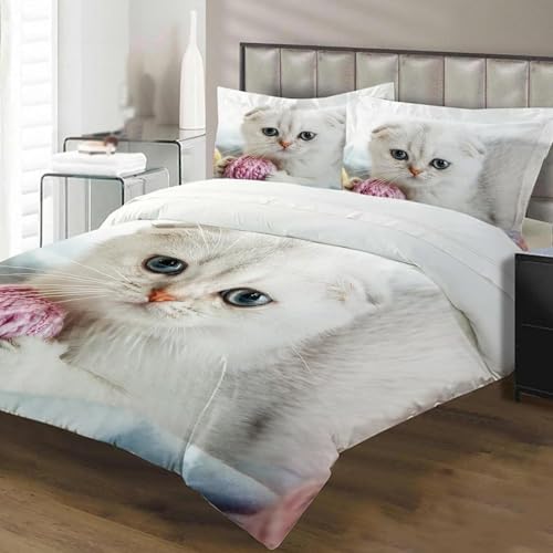 Bettwäsche 160x200 Katze, Bettbezug 160x200 Tiere Weich Mikrofaser Katze Wendebettwäsche 3 Teilig - 1 x Bettbezüge und 2 x Kissenbezüge 80x80 cm aa643
