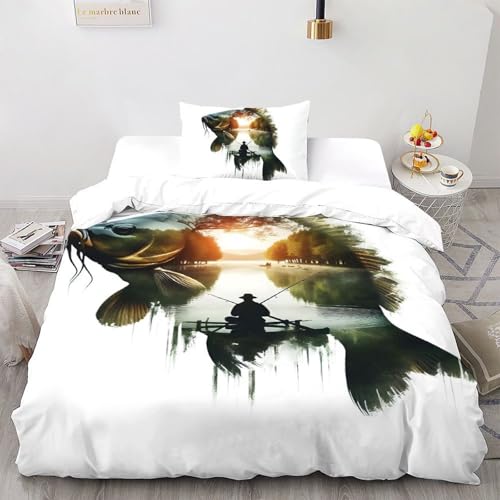 SHOVERKD Go Angeln Bettbezug Set 3D Gedruckt Aquatische Wild Tiere Für Teens, Aus Weicher Microfaser Mit Verstecktem Reißverschluss 2Pcs Inkl. Kissenbezug Single?135x200cm?