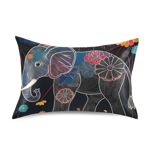 Satin-Kissenbezug-Set mit niedlichen Elefanten, ägyptische Baumwolle, Weiß, Standardgröße 50,8 x 66 cm