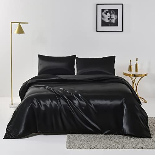 Chanyuan 3 TLG. Seide Satin Bettwäsche Set Schwarz Bettdeckenbezug 200x200cm mit Kopfkissenbezug 80x80cm 3 teilig Bettbezug mit Reißverschluss