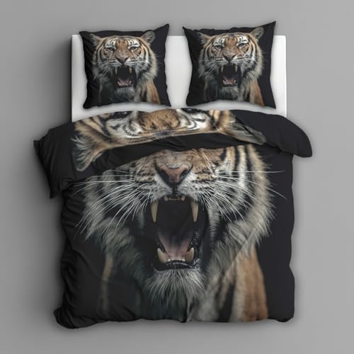 Generisch Bettwäsche 155x220 Tiger, Wilde Tiere Bettbezug 155x200 3 Teilig, Weich mikrofaser Bettwäsche Set mit Reißverschluss und 2 Kissenbezüge 80x80cm, Schlafzimmer Deko Tiger