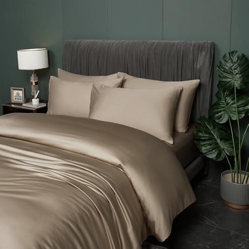 DXHOME Bambus Bettwäsche Braun 135x200cm Glatt Luxus Sommerbettwäsche Taupe Khaki Atmungsaktiv Kühlende Bambusfaser Bettwäsche-Set Einzelbett Bettbezug mit Reißverschluss und 1 Kissenbezug 80x80cm