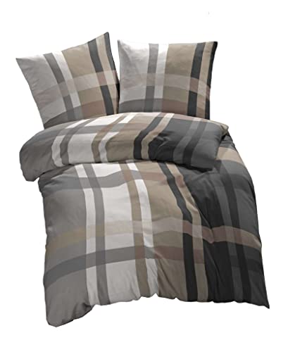 etérea Microfaser Bettwäsche Urban Check Karo Kariert 155x220 2er Set - Bügelfrei mit Reißverschluß - Allergiker geeignet nach Oekotex 100-155 x 220 + 80 x 80 cm - Braun Schwarz