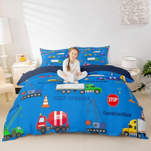 Cartoon Auto Daunendeck Set Größe S, LKW Bagger Traktor Bettwäsche Sets Kinder Mädchen Jungen Erwachsene Raumdekoration, Baukran Daunendeckdecke Decke für Jungen Blau, 1 Kissenbezug