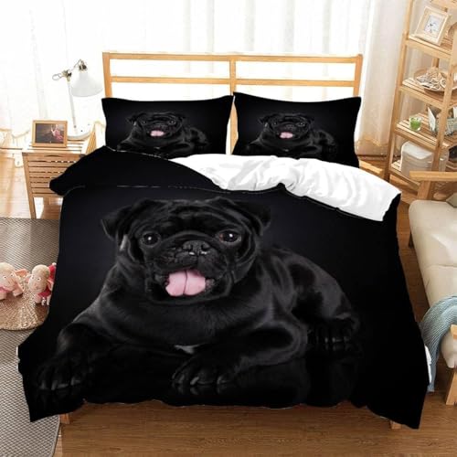 Bettwäsche 135x200 Mops 3D Druck Bettbezug 135 x 200 Schwarzer Hund Bettwäsche-Sets Weiche Mikrofaser Bettwäsche Set 3 Teilig Bettbezüge für Einzelbett mit 2 Kissenbezüge G-3474