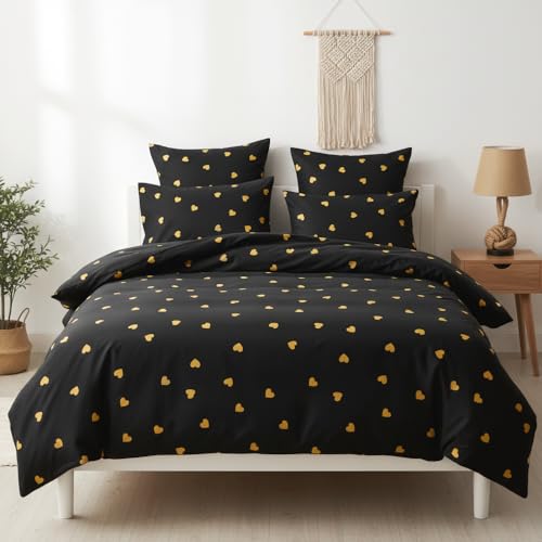 Freyamy Herz Bettwäsche 135x200 Herzen Schwarz Gold Mädchen Bettwäsche-Sets Liebe Aesthetic Kinderbettwäsche Microfaser ÖKO-TEX Deckenbezug 1 Bettbezug mit Reißverschluss und 1 Kissenbezug 80x80cm