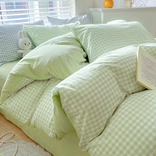 Nayoroom Bettwäsche 140x200 Grün Weiß Kariert Landhausstil Style Bettbezug 2er Set Hellgrün Karo Gingham Gewaschene Mikrofaser Renforce Bettwäsche-Sets mit Reißverschluss und 1 Kissenbezug 70x90 cm