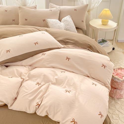 Nayoroom Bettwäsche 135x200 Mädchen Braun Schleifen Bettbezug Set 2teilig Kawaii Dunkelbraun Schleife Aesthetic Cute Schleifenmuster Microfaser Bettwäsche-Sets und Kissenbezug 80x80 cm Reißverschluss