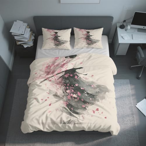 Generisch Bettwäsche Japanischer Samurai, Bettwäsche 135x200cm Asiatisch Orientalisch, Weiche Angenehme Mikrofaser 2 Teilig mit Reißveschluss 1 Kissenbezüge Wendebettwäsche Bettbezug Set L-46