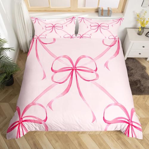 Rosa Band Schleife Bettbezug Western Cowgirl Bowknot Bettwäsche Set, Preppy Coquette Bow Bettbezug Schöne Prinzessin Schmetterling Knoten Bett Set Doppel