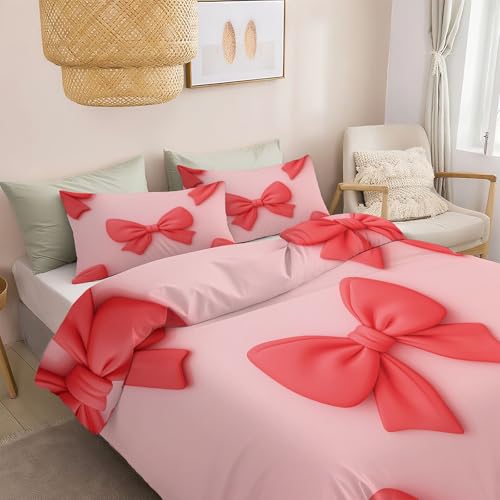 Hellrosa Bettwäsche-Set 180 x 200 cm für Erwachsene, Jungen und Mädchen - Prinzessin Schleife Bettbezug mit Kissenbezügen - Weich Atmungsaktiv Hautfreundlich Bettbezug Set