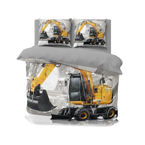 FEBE 3D Bettwäsche Bagger Bettbezug-Set 135x200 + Kissenbezug 80x80 cm Wendebettwäsche 2 Teilig mit Reißveschluss