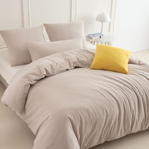 Nesture Bettwäsche 200x200 Baumwolle Beige - Bettwäsche-Sets 3teilig Weich, 100% Gewaschene Baumwoll, Enthält 1 Bettbezug 200 x 200cm und 2 Kissenbezug 80x80 mit Reißverschluss