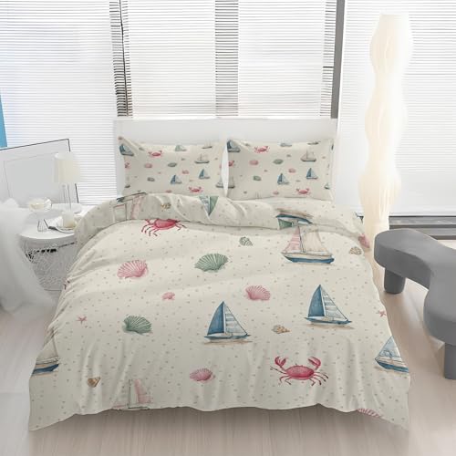 Nautisch Küste Dekor Bettwäsche 135x200 Maritim Segelboot Polka Dots Bettbezug + 1 Kissenbezüge 80x80 2 Teilig Bettwäsche-Sets mit Reißverschluss, Weich Bügelfrei Mikrofaser Bettdeckenbezug G8l06