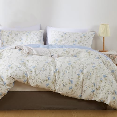 AShanlan Bettwäsche 135x200 Baumwolle Blumen Bettbezug mit Kissenbezug 80x80 cm Blau Weiß Blümchen Aesthetic Deckenbezug Wendebettwäsche Set Reißverschluss