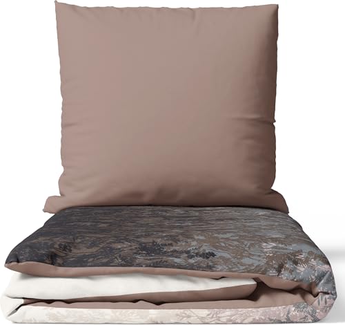 Leonado Vicenti Renforcé Bettwäsche 200x200 cm 100% Baumwolle 3 Teilig Florales Design Braun Beige Schwarz Set mit Verdecktem Reißverschluss Wendebettwäsche