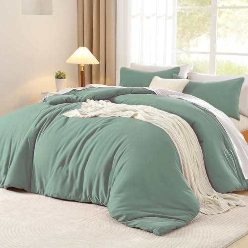 Luofanfei Baumwolle Bettwäsche Salbeigrün Grün 135x200 Einfarbig Muster Renforce Baumwollebettwäsche Premium Uni Modern Weiche Bettbezug Einzelbett 135x200 und Kissenbezug 80x80cm mit Reißverschluss