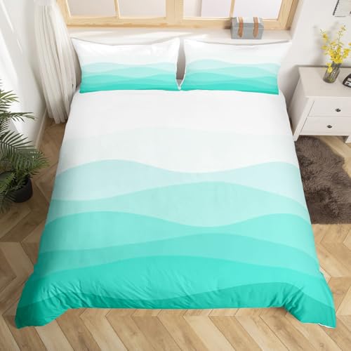 Homewish Teal Ombre Bettbezug Ocean Wave Bettwäsche Set 135x200,Küste Tröster Abdeckung für Erwachsene Männer Frauen Türkis Gradient Bett Set