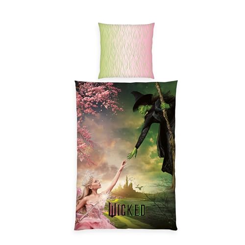 Herding Bettwäsche Wicked, Kopfkissenbezug ca. 70 x 90 cm, Bettbezug ca. 140 x 200 cm, Mit Reißverschluss und Wendemotiv, 100% Baumwolle/Renforcé, Grün, Rosa