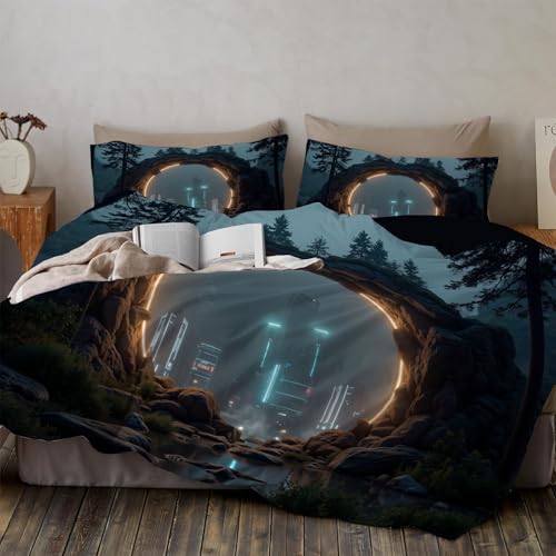 WunM Studio Bettwäsche 240 * 220cm Schwarz Moosige Kiefer Bettbezug Set 3 Teilig Wald natürliche Landschaft Blümchen Blumenmuster Weich Bettwäsche-Sets mit 2 Kissenbezüge 80x80 cm und Reißverschluss