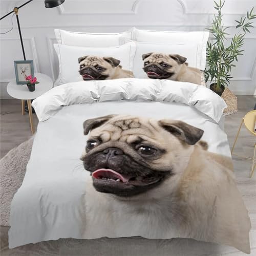 SJSXWQN Bettwäsche 200x200 WeißEr Mops Bettwäsche-Set mit Reißverschluss Schließung für Erwachsene Kinder Weicher Atmungsaktive Mikrofaser Bettbezug + 2 Kopfkissenbezug 80x80 cm