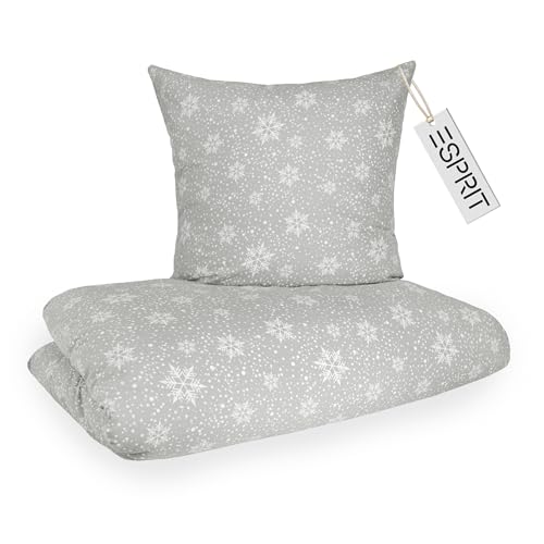 Esprit Flanell Bettwäsche 135x200 Baumwolle Grau Schneeflocken - Luxus Bettwäsche-Set 2teilig - kuschelig & flauschig - 135 x 200 - Bettwäschebezug & Kopfkissenbezug 80x80cm - Winter & Weihnachten
