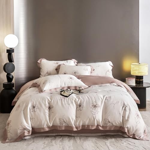OTOB 3-teiliges Bettwäsche-Set für King-Size-Betten, ultraweich, seidig, kühlend, wendbar, Blumenmuster, Bettwäsche-Set mit Reißverschluss, 4 Eckbändern, atmungsaktiv, 100 % Eukalyptus-Lyocell und