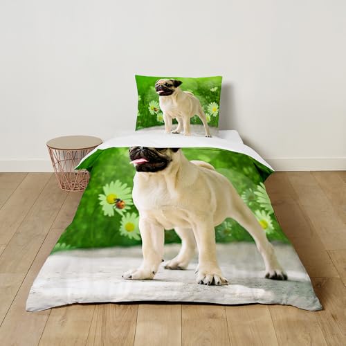 Hiseng 3D Mops Bettwäsche-Sets Mikrofaser Bettwäsche Set mit Kissenbezug Kuschel Bettwäsche Niedlich Bettbezug für Mädchen und Jungen (Mops 7,135x200cm)