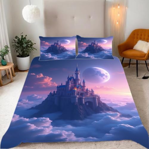 Zbeiba Bettwäsche 135x200 Schloss in den Wolken Muster 3D Drucke geeignet für Teenager Kinder Bettwäsche-Set Mikrofaser Bettbezug Mit Reißverschluss Und 2 Kissenbezug (135x200+2 * 80x80,#2