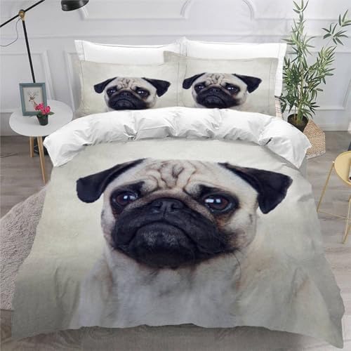 SJSXWQN Bettwäsche 200x220 WeißEr Mops Bettwäsche-Set mit Reißverschluss Schließung für Erwachsene Kinder Weicher Atmungsaktive Mikrofaser Bettbezug + 2 Kopfkissenbezug 80x80 cm