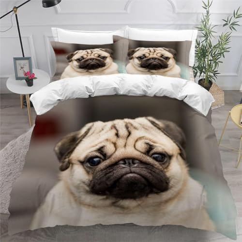 Bettwäsche 200x220 Mops 3D Druck Bettbezug 200x220 Süßer Hund Bettwäsche-Sets Weiche Mikrofaser Bettwäsche Set 3 Teilig Bettbezüge für Doppelbett mit 2 Kissenbezüge G-146