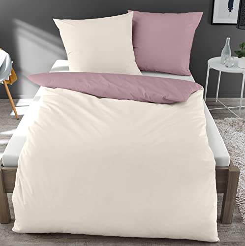*** Dormisette Mako-Satin Wende- Bettwäsche Made in Germany 135x200 80x80 Uni mit Reißverschluss (einfarbig Mauve Natur) ***