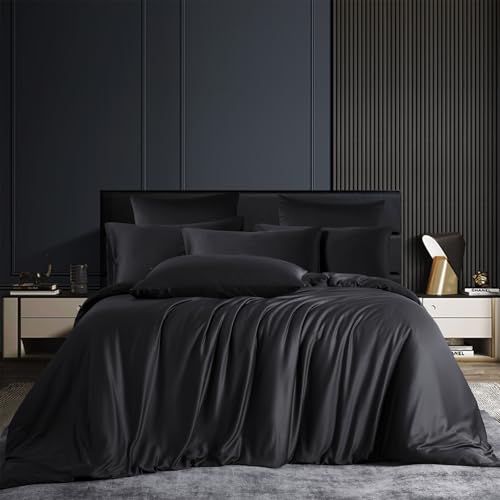 Gezu Bambus Bettwäsche 135x200cm Schwarz Sommerbettwäsche Uni Bambusfaser Bettbezug-Set Atmungsaktiv und kühl Deckenbezug Weiche Einzelbett Bettbezug mit Reißverschluss und 1 Kissenbezüge 80x80