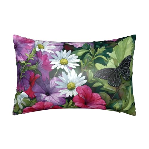 Satin-Kissenbezug, violette Petunien, seidige Kissenbezüge für Haar und Haut, mit Reißverschluss, Schmetterling, kühlender Kissenbezug für Bettwäsche, Wohnzimmer, Sofa, 50 x 75 cm