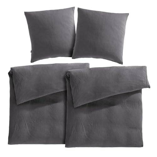 Pure Label Musselin Bettwäsche 135x200 4 teilig bestehend aus Bettbezug 135 x 200 cm 2er Set + Kissenbezug 80x80 cm 2er Set aus Baumwolle - Traumhaft kuschelige Bettwäsche-Sets in anthrazit