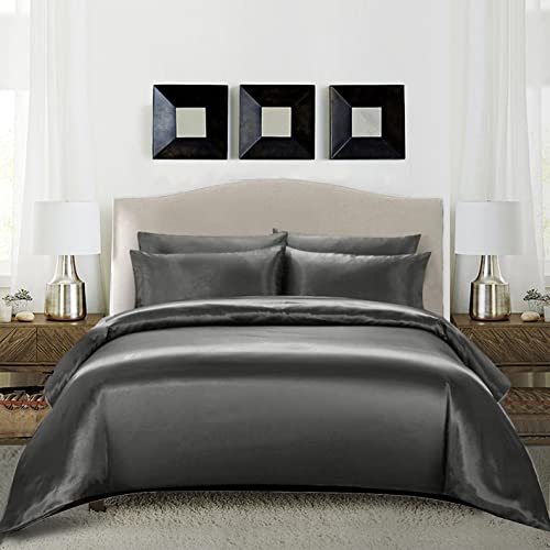 Boqingzhu Satin Bettwäsche 135x200cm 4Teilig Dunkelgrau Anthrazit Uni Einfarbig Glatt Glänzend Luxus Seide Bettwäsche Set Bettbezug mit Reißverschluss 2 Kissenbezüge 80x80cm