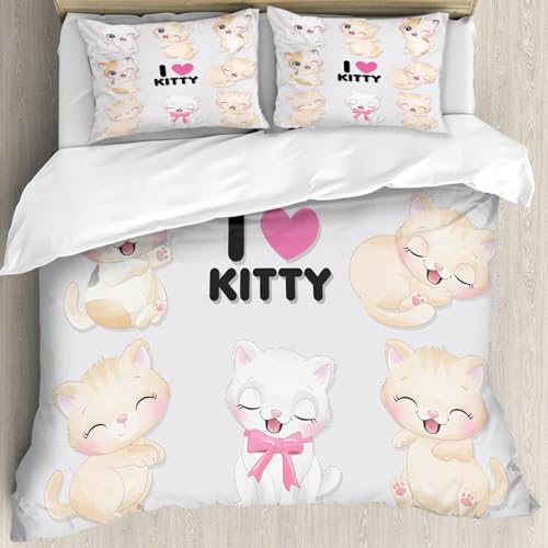 MJNLYDAO Sleeptime 100% Baumwolle Bettwäsche - Bettbezüge mit Reißverschluss - Set mit 2 Kissenbezüge,Niedliche kleine Katze mit Aquarellillustration,200x 228 cm