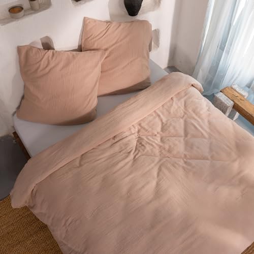 Nachtvogel Doppeltuch Musselin Bettwäsche 135x200 beige aus 100% ägäischer Premium-Baumwolle, inkl. 1x Kopfkissenbezug 80x80 cm - weicher, verstärkt, vorgewaschen