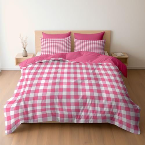 Generisch Bettwäsche 135 x 200 cm 2-teilig – Bettwäsche Set Rosarot mit Bettbezug und 1 Kissenbezügen 80x80 cm, Wendebettwäsche Minimalistisch Elegant Rot Weiß Kariert mit Reißverschluss
