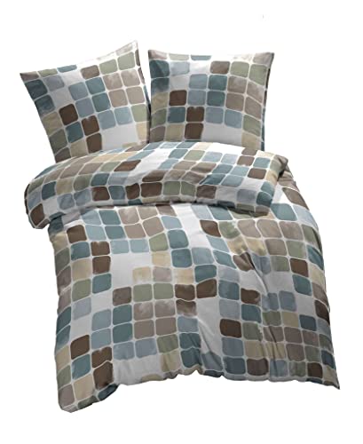 etérea Microfaser Bettwäsche 135x200 2er Set - Ganzjahres Bettbezug - Punkte Karos Set mit Kissen 135x200cm + 80x80 cm Kissen - Beige