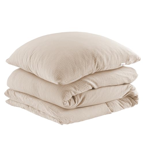 Pure Label Musselin Bettwäsche 155x220 cm mit einem Kissenbezug 80x80 cm aus 100% Baumwolle - Traumhaft weiche, kuschelige Bettwäsche-Sets in beige aus Musselin