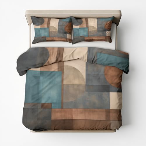 Bettwäsche 200x200 Abstrakt Geometrisch Wende Motiv 3tlg, Schlafzimmer Deko, Modern Türkis Braune Geometrie Bettbezug und 2 Kissenbezüge 80x80, Weiche Mikrofaser Deckenbezug mit Reißverschluss -m255