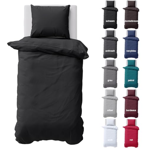 Visaggio Baumwolle Bettwäsche 135x200 cm + 80x80 cm Einfarbig Renforce Bettbezug Garnitur Set Schwarz