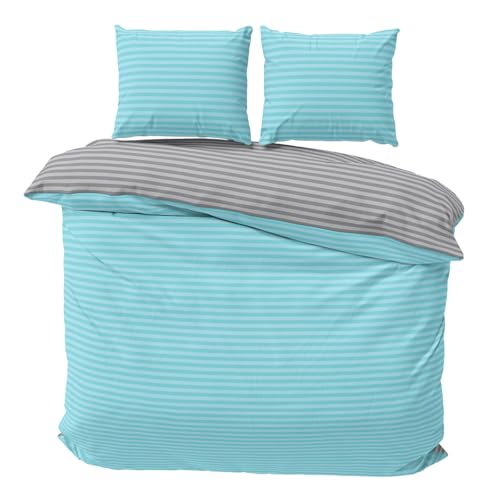 Visaggio Bettwäsche 240x220 cm + 2X Kissenbezüge 80x80 cm Türkis Grau Ehebett Bettbezug Wendebettwäsche 70% Baumwolle 30% Polyester 3teilig