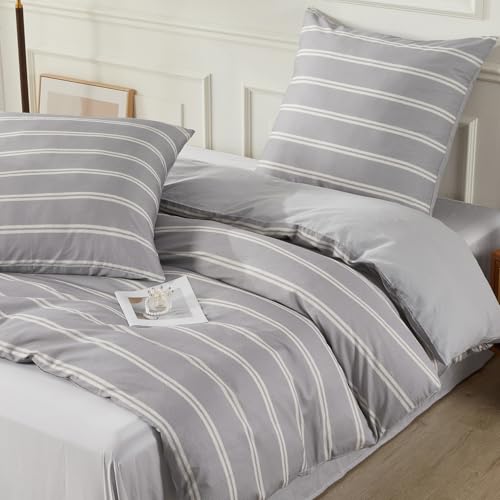 SAPHREAS Jungen Bettwäsche 200x200 mit grauen Streifen, dunkelgrau gestreift 3teilig Kuschelige 1 Bettbezug 200x200 cm mit Reißverschluss + 2 Kissenbezüge 80x80 cm(Ohne Bettdecken)