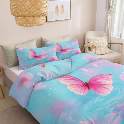 Traum Stil Bettwäsche 155 x 200 cm Bettbezug, Wasserwellen Schmetterling Blumen Blätter Weich Bettwäsche Set Atmungsaktiv Maschinenwaschbar Bettbezüge für alle Jahreszeiten mit Kissenbezüge