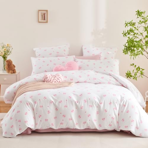 Nayoroom Bettwäsche 135x200 Baumwolle Rosa Herzen Schleifen Weiß Bettbezug Set 2teilig Pink Kawaii Style Aesthetic Cute Mädchen Bettwäsche-Sets und Kissenbezug 80x80 cm mit Reißverschluss