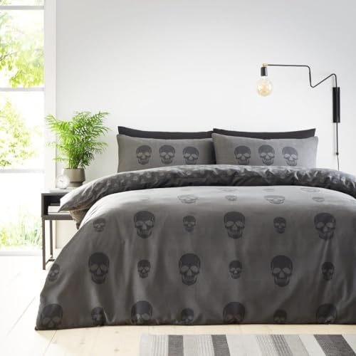 GC GAVENO CAVAILIA Bettwäsche-Set für Einzelbetten (135 x 200 cm), Totenkopf-Bettwäsche und Leinen, wendbare Bettbezüge, Polyester-Baumwoll-Mischg ewebe, waschbares Leinen, Anthrazit